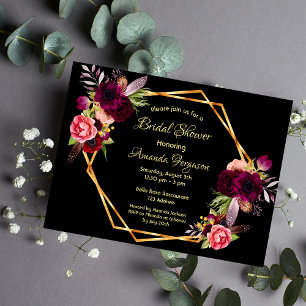 Zwarte floralen met een bruine doucheuitnodiging briefkaart