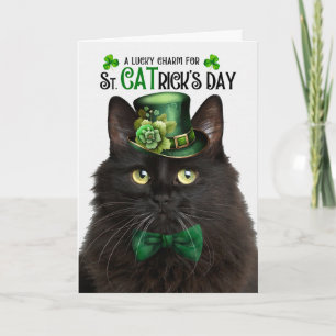 Zwarte Fluffy Kat St. Patrick's Day Geluksbrenger Feestdagen Kaart