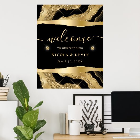 Zwarte Folie en Gouden Glitter Agate Bruiloft Welk Poster (Thuiskantoor)