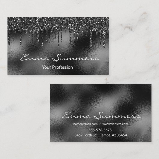 Zwarte Folie Glitter Druppelt Metaal Aanpassen Ele Visitekaartje (Voorkant / Achterkant)