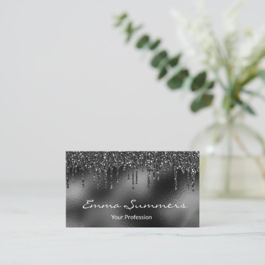 Zwarte Folie Glitter Druppelt Metaal Aanpassen Ele Visitekaartje (Staand voorkant)