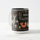 Zwarte Folk Art Animals Custom Naam Herten Bloemen Tweekleurige Koffiemok (Voorkant links)