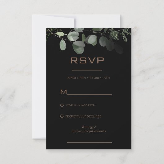 Zwarte formele minimale Eucalyptus Wedding RSVP-Ka RSVP Kaartje (Voorkant)