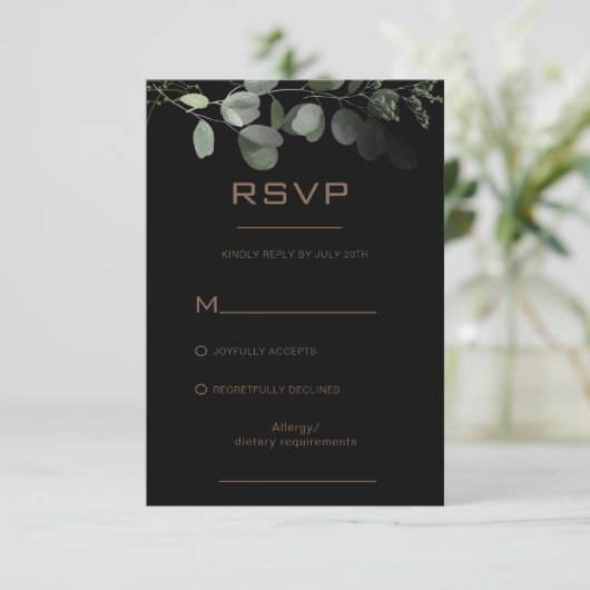 Zwarte formele minimale Eucalyptus Wedding RSVP-Ka RSVP Kaartje (Staand voorkant)