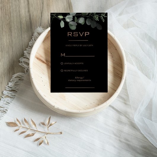 Zwarte formele minimale Eucalyptus Wedding RSVP-Ka RSVP Kaartje