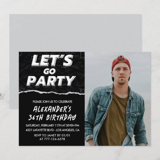 Zwarte foto 36e verjaardag uitnodigingen Mannen (Voorkant / Achterkant)