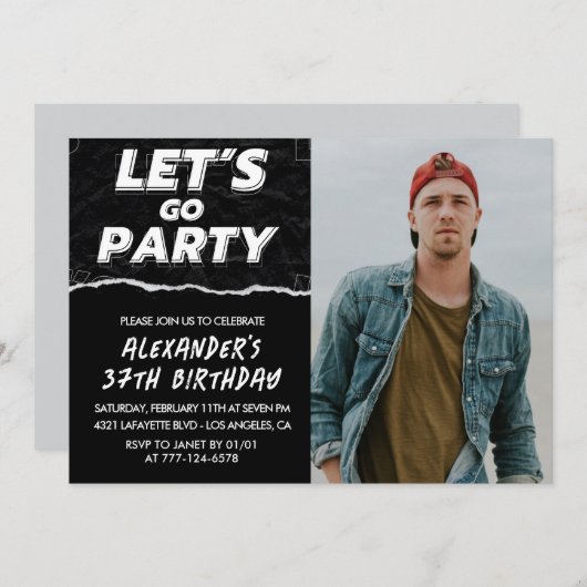 Zwarte foto 37e verjaardag uitnodigingen Mannen (Voorkant / Achterkant)