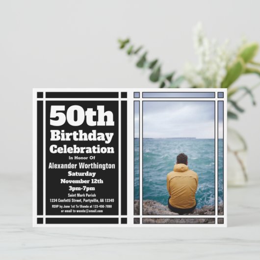 Zwarte Foto 50ste Verjaardagsfeest Uitnodiging (Staand voorkant)