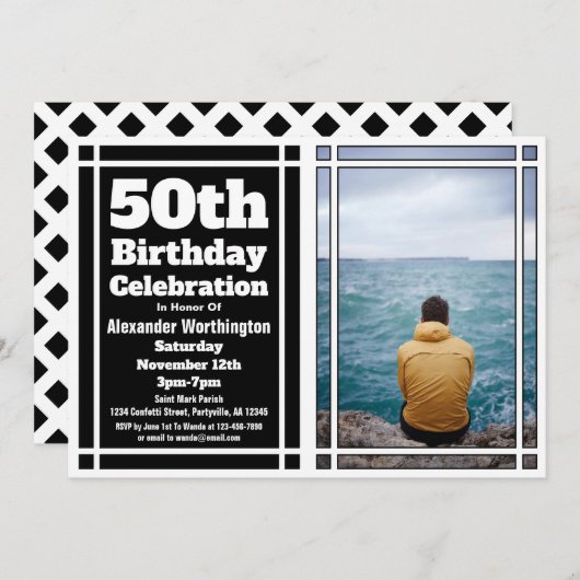 Zwarte Foto 50ste Verjaardagsfeest Uitnodiging (Voorkant / Achterkant)