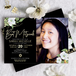 Zwarte Foto Bat Mitzvah Bloemenschrift Echte Goud Folie Uitnodiging