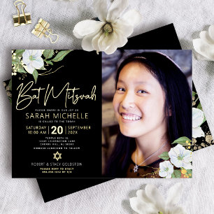 Zwarte Foto Bat Mitzvah Bloemenschrift Echte Goud Folie Uitnodiging