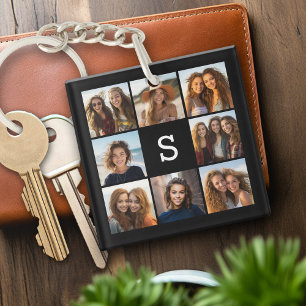 Zwarte foto collage aangepaste monogram sleutelhanger