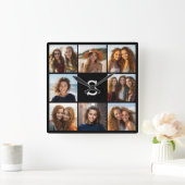 Zwarte foto collage aangepaste monogram vierkante klok (Huis)