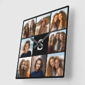 Zwarte foto collage aangepaste monogram vierkante klok (Hoek)