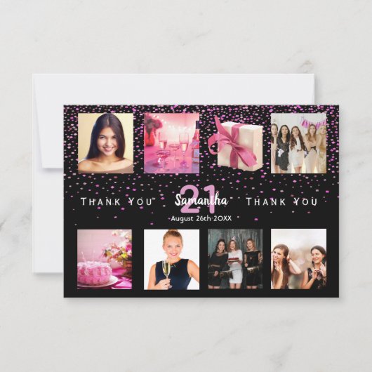 Zwarte foto collage verjaardag bedankkaart (Voorkant)