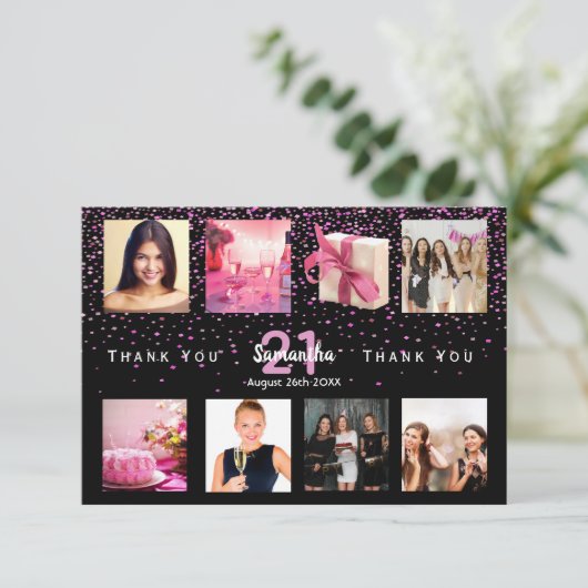 Zwarte foto collage verjaardag bedankkaart (Staand voorkant)