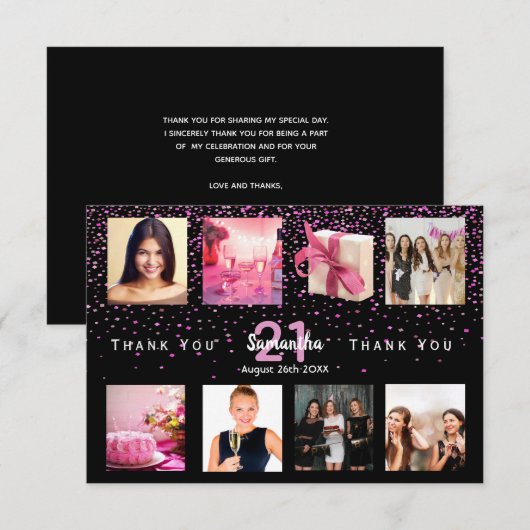Zwarte foto collage verjaardag bedankkaart (Voorkant / Achterkant)