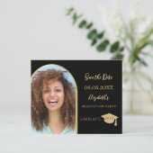 Zwarte foto Graduation Party Save the Date kaart (Staand voorkant)