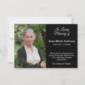 Zwarte foto nuchtere begrafenis bedankkaart (Voorkant)