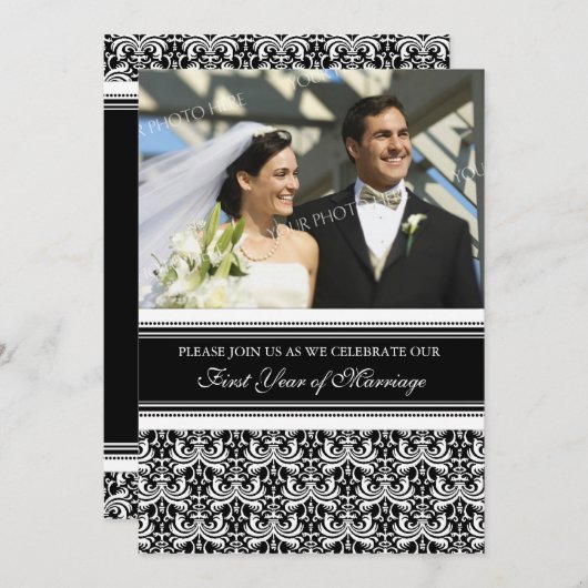 Zwarte foto uitnodiging 1e verjaardagsfeest (Voorkant / Achterkant)