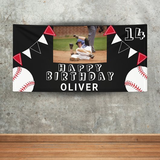 Zwarte foto van Baseball Bunting Flags Birthday Spandoek