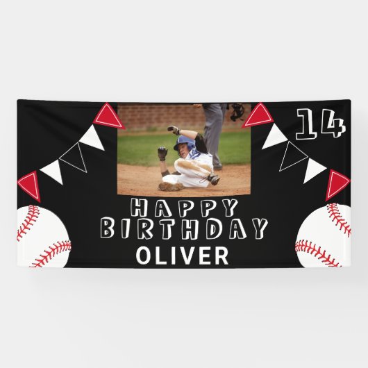 Zwarte foto van Baseball Bunting Flags Birthday Spandoek (Horizontaal)