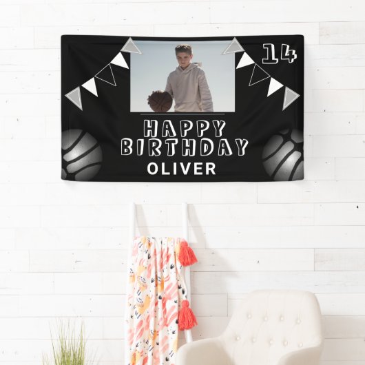 Zwarte foto van Basketball Ball Bunting Flags Birt Spandoek (Insitu)