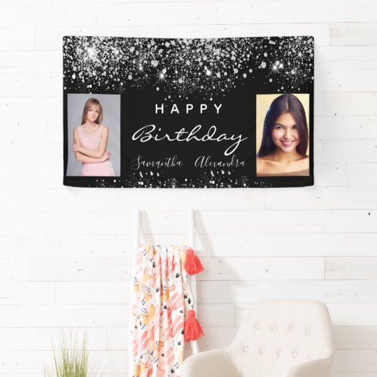 Zwarte foto zilveren glitter vrienden tweeling spandoek (Insitu)