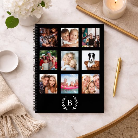 Zwarte fotocollage met monogram moderne agenda