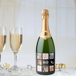 zwarte fotocollage op 80e verjaardagsfeestje sparkling wijnetiket