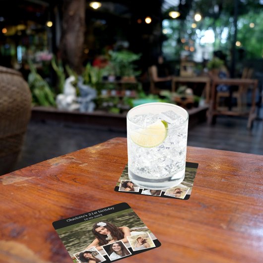 Zwarte fotocollage verjaardagsfeest kartonnen onderzetters