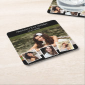 Zwarte fotocollage verjaardagsfeest kartonnen onderzetters (Schuin)