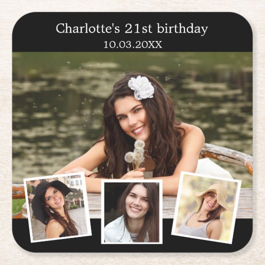 Zwarte fotocollage verjaardagsfeest kartonnen onderzetters (Voorkant)