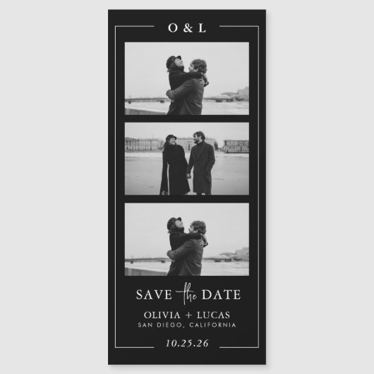 Zwarte fotostrip Monogramrand Magnetische Trouwkaa (Voorkant)