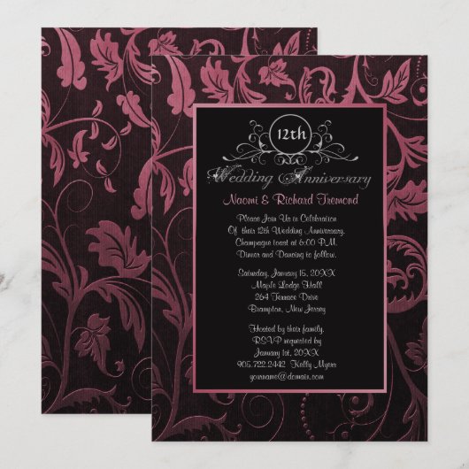 Zwarte & Frambozen Damast 12e trouwdagjubileum Kaart (Voorkant / Achterkant)