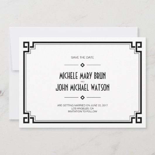 Zwarte Frame Art Deco Witte Save the Date Kaart (Voorkant)