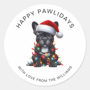 Zwarte Franse Bulldog in Kerstverlichting Verward Ronde Sticker