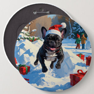 Zwarte Franse Bulldog Kerst Sneeuwlandschap Ronde Button 6,0 Cm