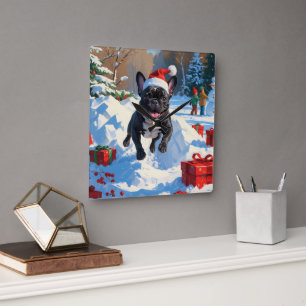 Zwarte Franse Bulldog Kerst Sneeuwlandschap Vierkante Klok