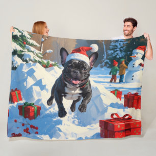 Zwarte Franse Bulldog Kerst Sneeuwscène Fleece Deken