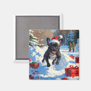 Zwarte Franse Bulldog Kerst Sneeuwscène Magneet