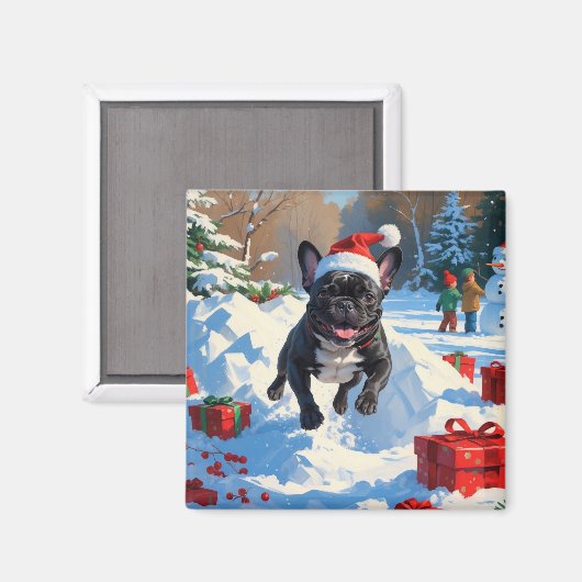 Zwarte Franse Bulldog Kerst Sneeuwscène Magneet (Voorkant / Achterkant)