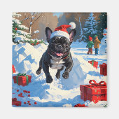 Zwarte Franse Bulldog Kerst Sneeuwscène Magneet (Voorkant)