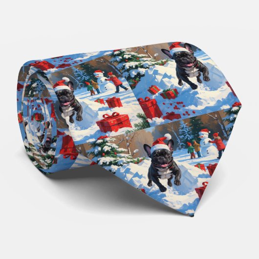 Zwarte Franse Bulldog Kerst Sneeuwscène Stropdas (Opgerold)