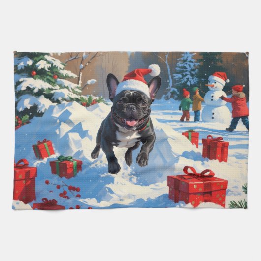 Zwarte Franse Bulldog Kerst Sneeuwscène Theedoek (Horizontaal)