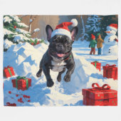 Zwarte Franse Bulldog Kerstfeest Sneeuwscène Fleece Deken (Voorkant (Horizontaal))