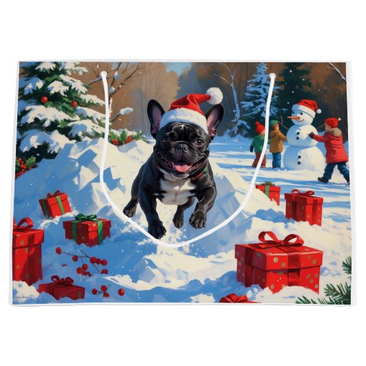 Zwarte Franse Bulldog Kerstfeest Sneeuwscène Groot Cadeauzakje (Voorkant)