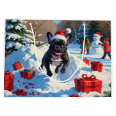 Zwarte Franse Bulldog Kerstfeest Sneeuwscène Groot Cadeauzakje (Achterkant)