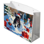 Zwarte Franse Bulldog Kerstfeest Sneeuwscène Groot Cadeauzakje (Achterkant Gekanteld)
