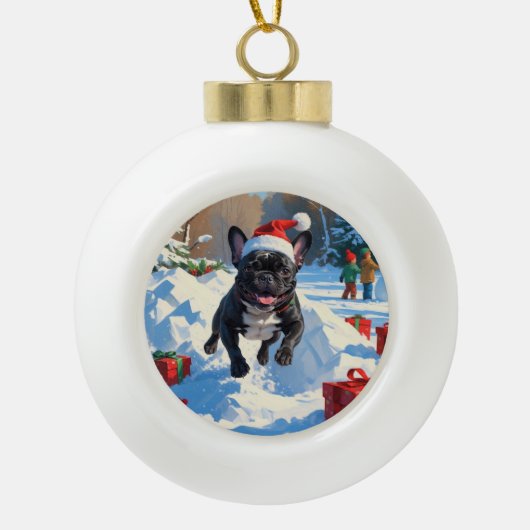 Zwarte Franse Bulldog Kerstfeest Sneeuwscène Keramische Bal Ornament (Voorkant)